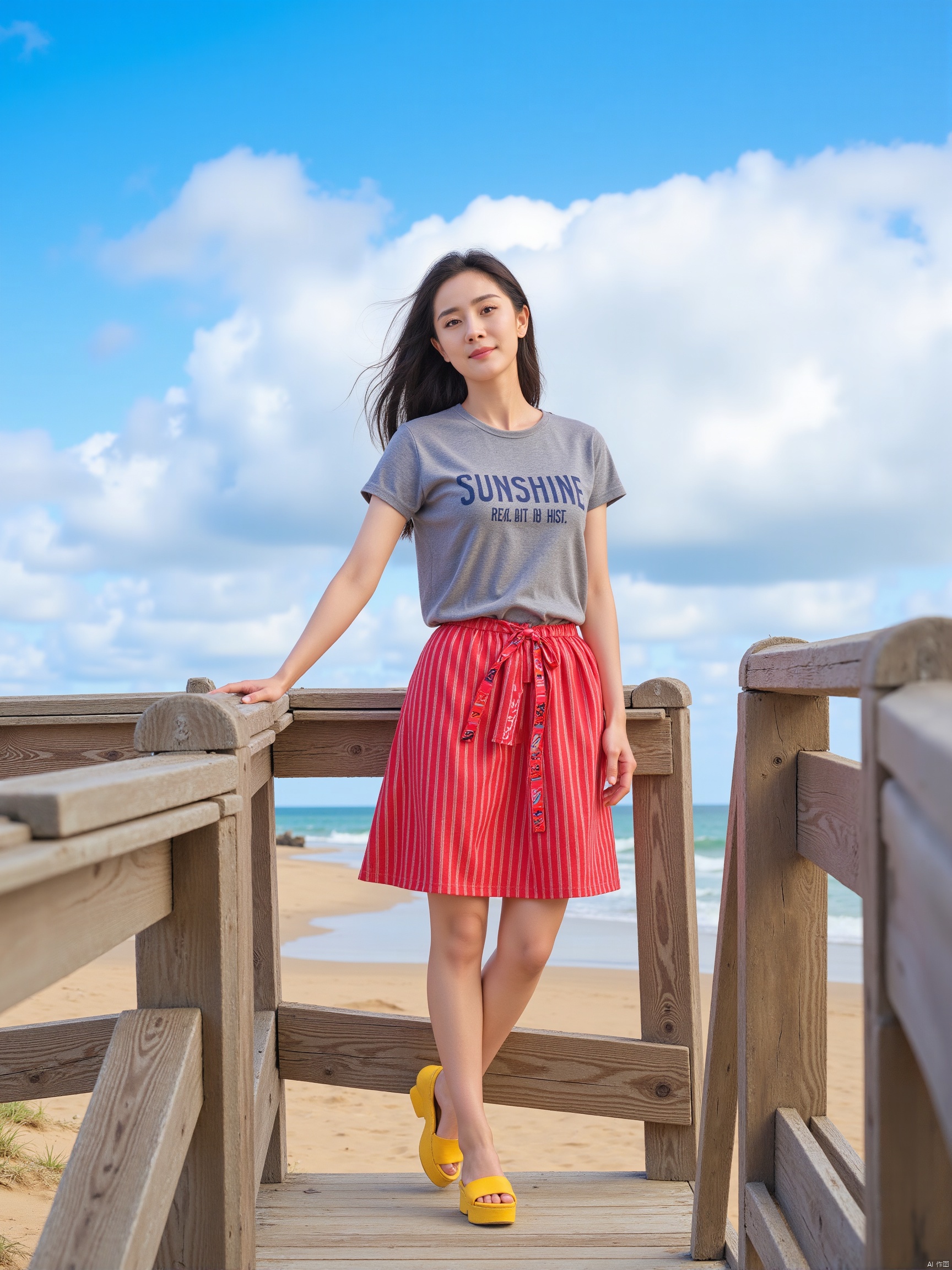 A young Asian woman stands confidently on a weathered wooden boardwalk, right arm extended, left hand grasping railing as she gazes off-frame. Framed by the rustic dock's worn planks, she wears a vibrant red-striped gray skirt and bright yellow sandals. The ocean's gentle waves lap at the sandy shore behind her, where a brilliant blue sky dotted with puffy white clouds meets the horizon. A subtle smile plays on her lips, and bold letters SUNSHINE emblazoned across her chest shine in warm sunlight.