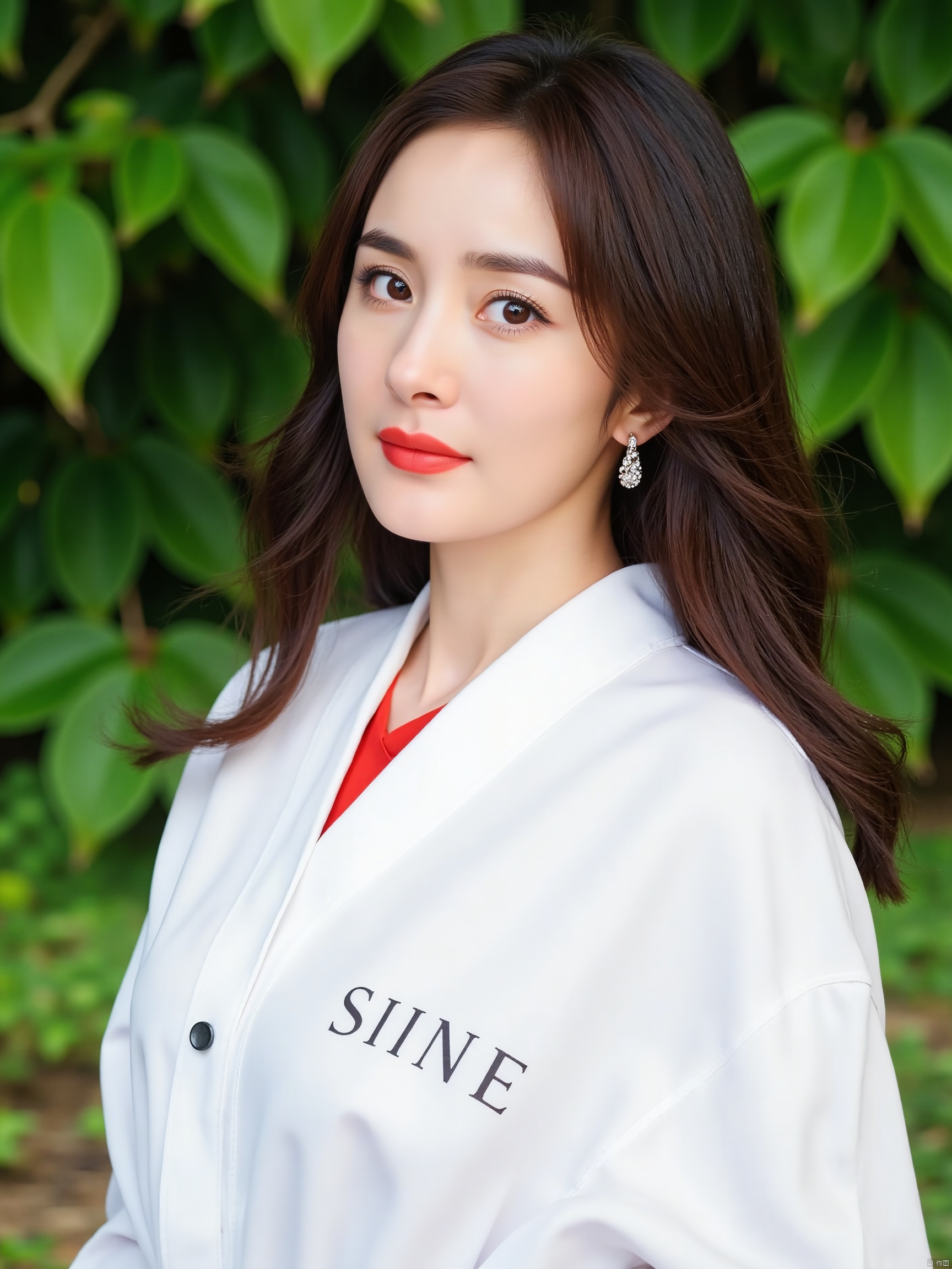 a woman with long brown hair, wearing a white kimono with a black belt around her neck, is adorned with a red collar. She is wearing a pair of white earrings, adding a pop of color to her outfit. Her hair is pulled back in a ponytail, cascading down her back. Her eyes are a deep brown, and her lips are a lighter shade of red. Her eyebrows are a darker shade of brown, while her hair is a light brown. She stands in front of a backdrop of green leaves, creating a vibrant contrast to her white dress.The letters "SUNSHINE" were written on her chest. Her confidence was contagious to everyone.Movie camera mode, shot with a 35M Kodak camera, featuring its delicate skin texture.