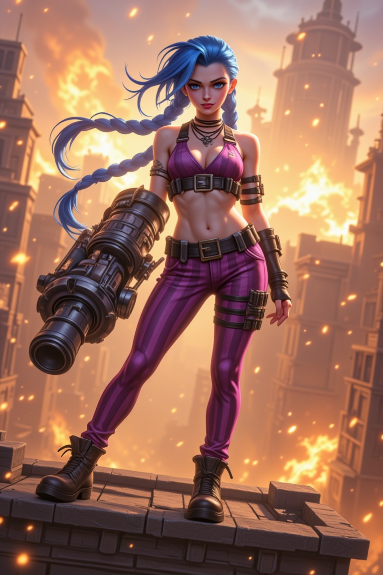 a woman in Jinx outfit,  (with huge gatling gun1.2),  standing on the roof on Tensor.Art