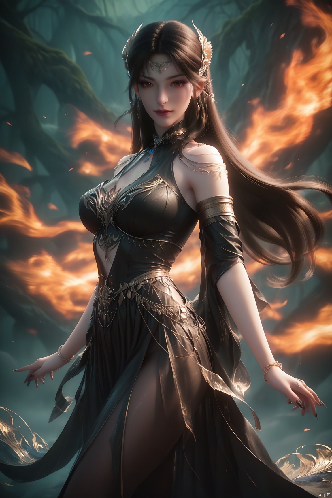 score_9, score_8_up, score_7_up,highly detailed digital,1girl, solo, long hair, breasts, looking at viewer,up body,dress, fire