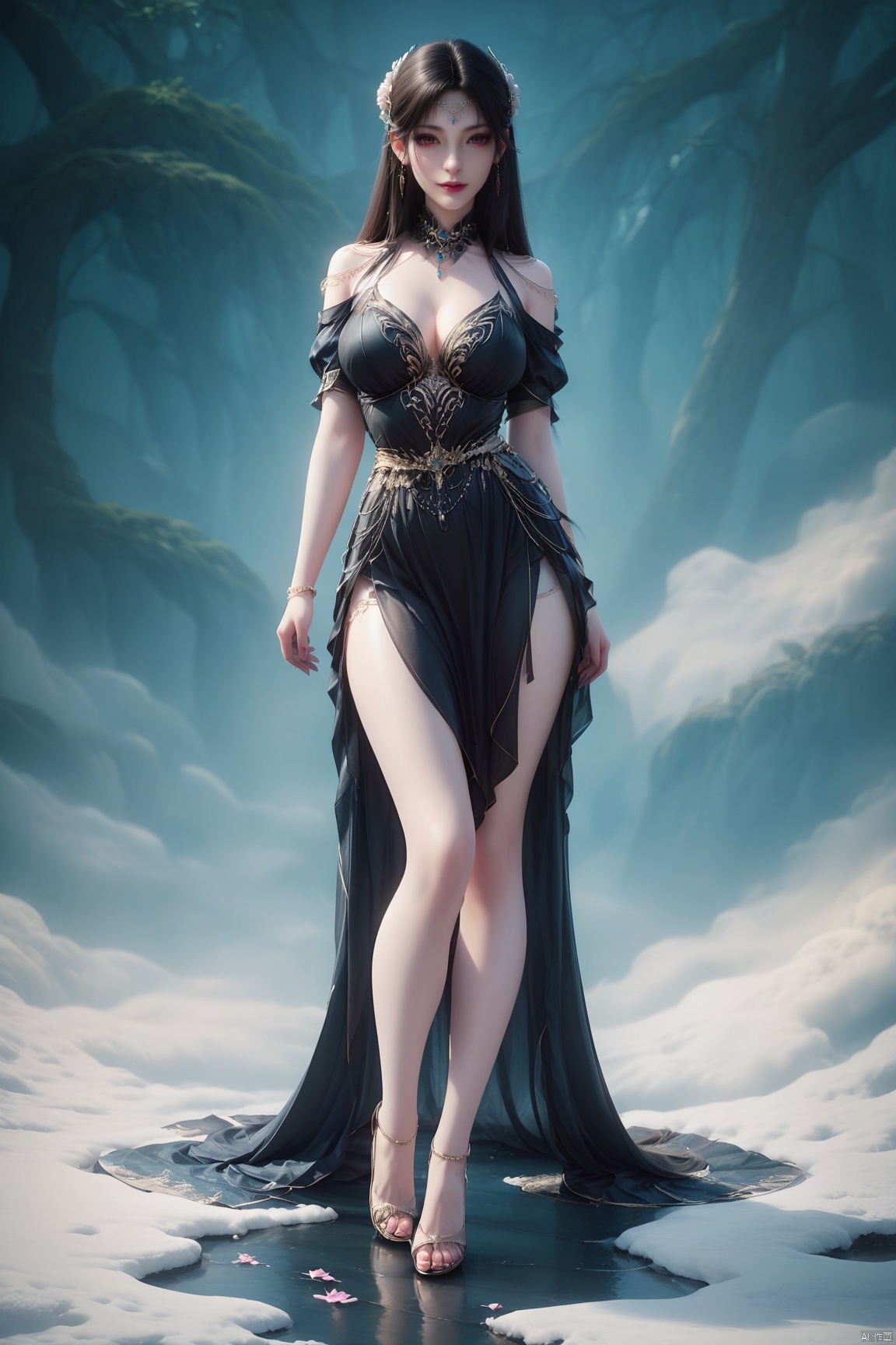 score_9, score_8_up, score_7_up,highly detailed digital,1girl, solo, long hair, breasts, looking at viewer, full body,dress,