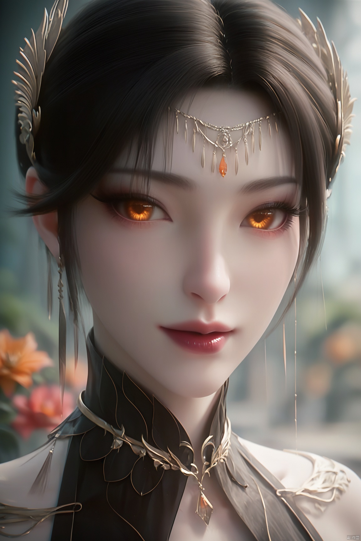 score_9, score_8_up, score_7_up,highly detailed digital,1girl, solo, lips, orange eyes, eyelashes, makeup, blurry background, pale skin, portrait, red lips
