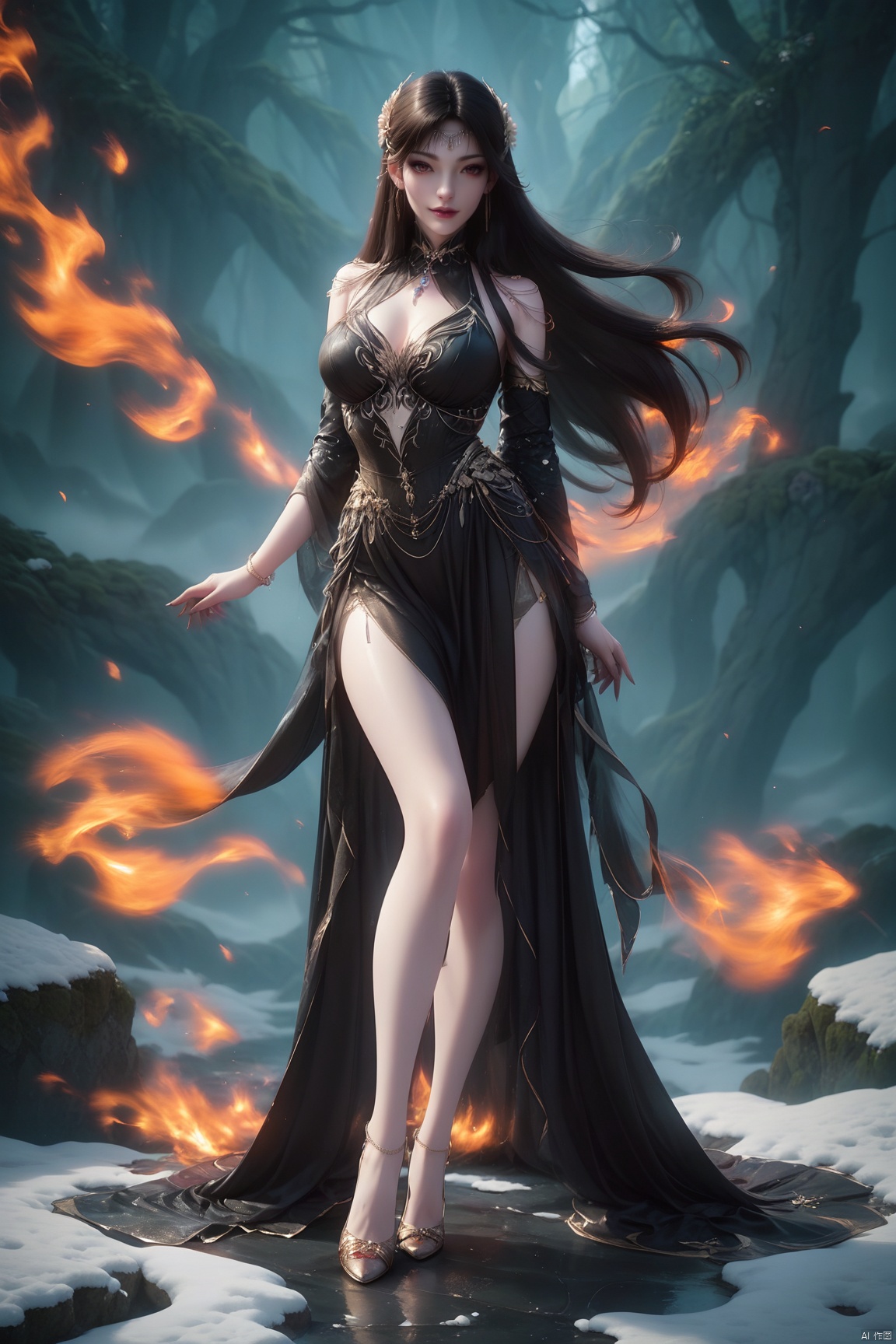 score_9, score_8_up, score_7_up,highly detailed digital,1girl, solo, long hair, breasts, looking at viewer, full body,dress, fire