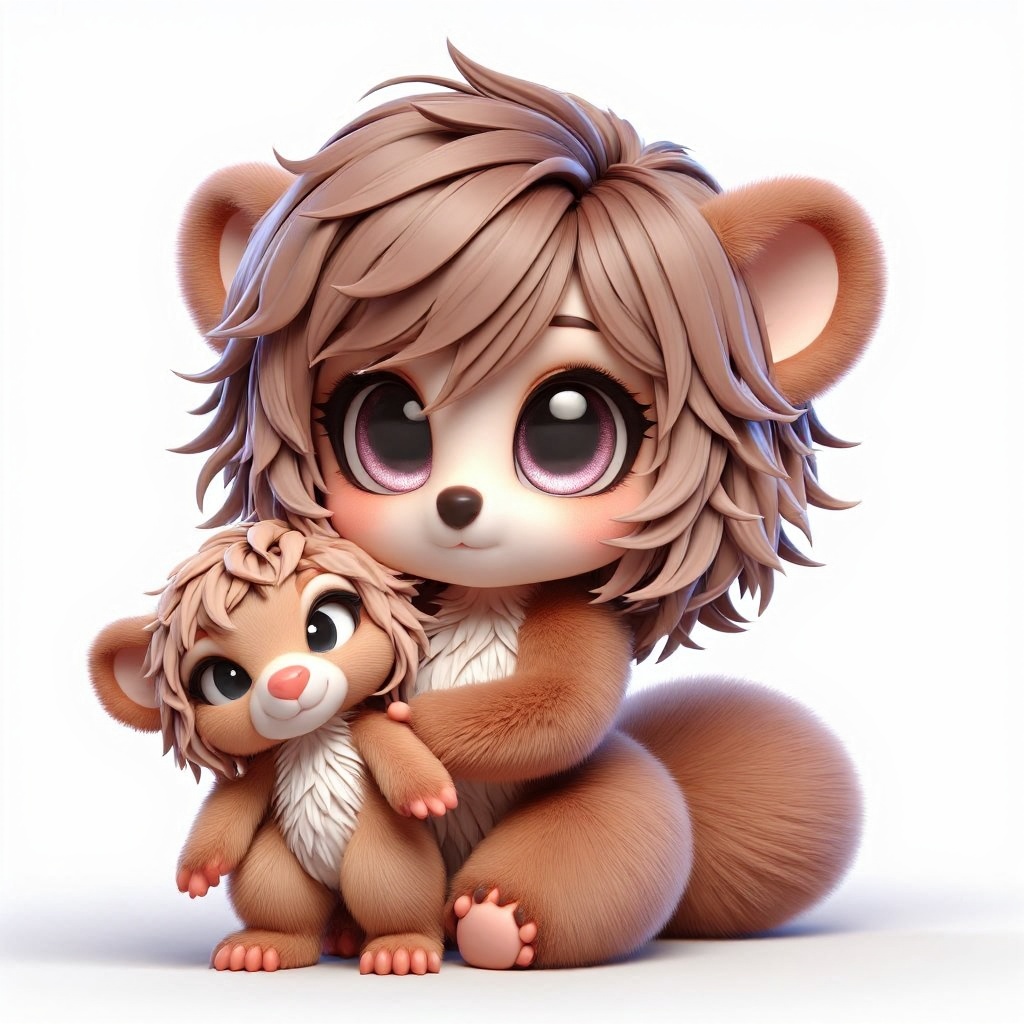 anthro baby brown bear character,  holding a fluffy cute bear furry plushy. cute semi-chibi bipedal anthro,  bear fur on T...