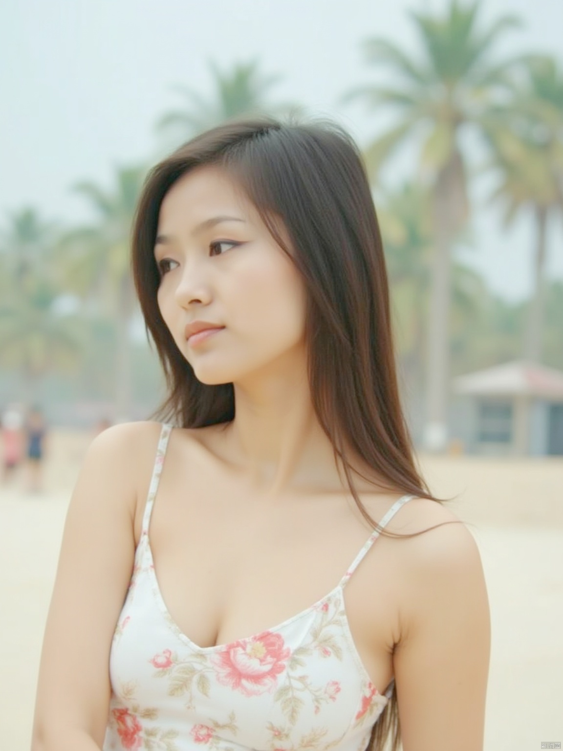a young Asian woman stands in front of a backdrop of palm trees. She is white dress with a floral pattern, and her long dark brown hair cascades over her shoulders. Her dress is adorned with red flowers, adding a pop of color to the scene. The backdrop is a sandy beach, with a few palm trees in the distance. The sky is a muted blue, and a few wispy white clouds are visible in the upper left corner of the frame. Her confidence was contagious to everyone.Movie camera mode, shot with a 35M Kodak camera, featuring its delicate skin texture.