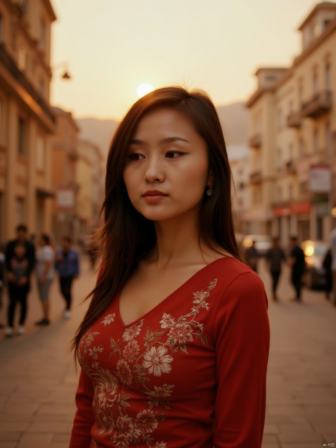 (RAW photo, 4k, realistic, exquisitely detailed skin),masterpiece,best quality,unity 8k wallpaper,ultra detailed,cinematic look,natural skin texture,extremely realistic skin texture,finely detailed face,(film grain:1.2),cinematic angle,Fujifilm XT3,,(highlydetailed),(bright scene),On the Champs Elysées in Paris at dusk in autumn, the Eiffel Tower stands in the background. A beautiful Chinese woman wears a strapless low-cut long dress. Her deep cleavage highlights her plump breasts. The bust of the long dress The letters "SUNSHINE" are printed on the front. Her happiness infects passers-by around her. The fallen leaves on the ground are covered with golden sunset.