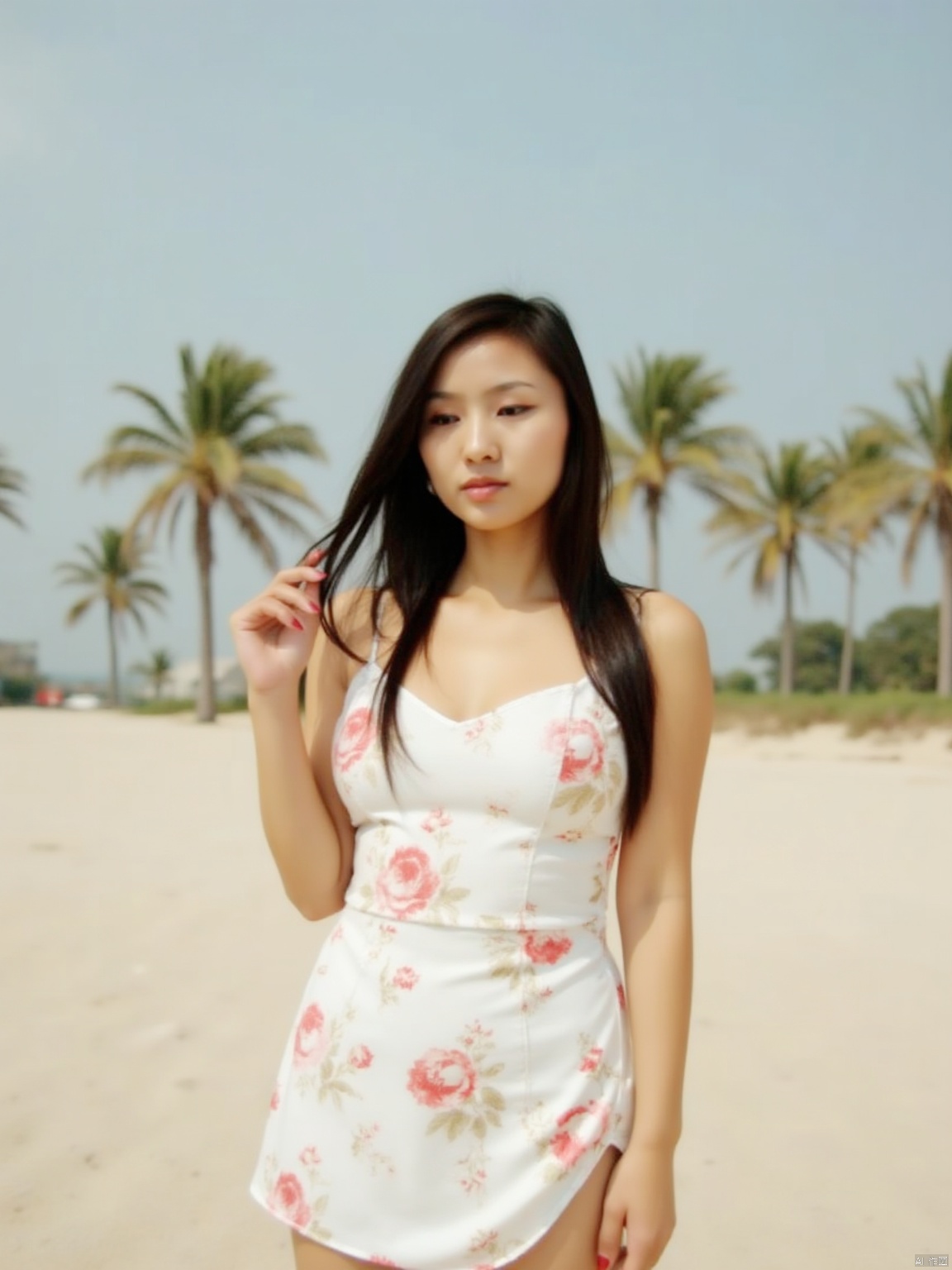 a young Asian woman stands in front of a backdrop of palm trees. She is white dress with a floral pattern, and her long dark brown hair cascades over her shoulders. Her dress is adorned with red flowers, adding a pop of color to the scene. The backdrop is a sandy beach, with a few palm trees in the distance. The sky is a muted blue, and a few wispy white clouds are visible in the upper left corner of the frame. Her confidence was contagious to everyone.Movie camera mode, shot with a 35M Kodak camera, featuring its delicate skin texture.