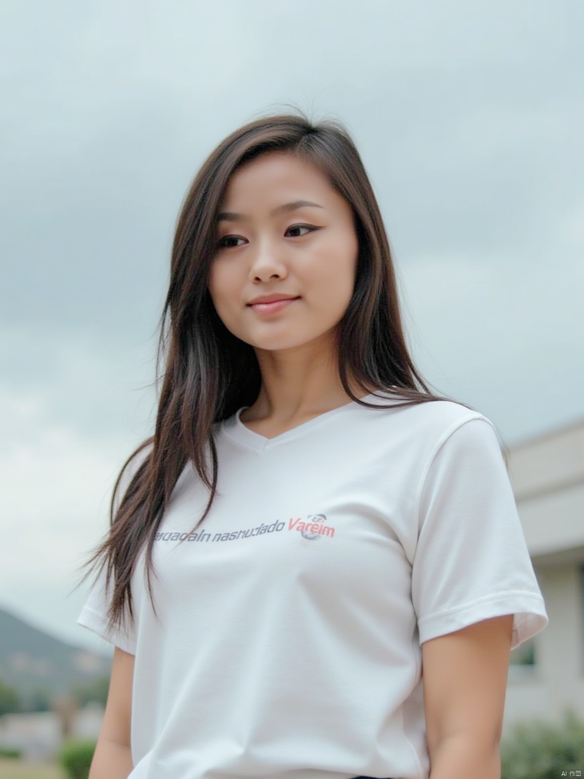 (1girl:1.2), (big smile), beautiful face, Amazing face and eyes, long silky brown hair, wearing white t shirt, delicate, (Best Quality:1.4), (Ultra-detailed), (extremely detailed beautiful face), cute smile, brown eyes, (highly detailed Beautiful face), (summer high school uniform:1.2), (extremely detailed CG unified 8k wallpaper), Highly detailed, High-definition raw color photos, Professional Photography, Realistic portrait, Extremely high resolution, smiling, (Clouds all over the sky, cloudy sky, lots of clouds:1.5), (cloudy day:1.5), half figure