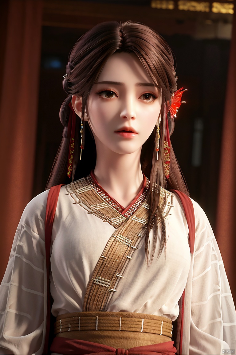(Clear lines,      high definition,      Best quality,      Very detailed,      masterpiece,      Movie lighting effects,      4K),1girl, solo, long hair, looking at viewer, simple background, brown hair, hair ornament, brown eyes, jewelry, closed mouth, upper body, flower, earrings, hair flower, lips, chinese clothes, realistic, hanfu
