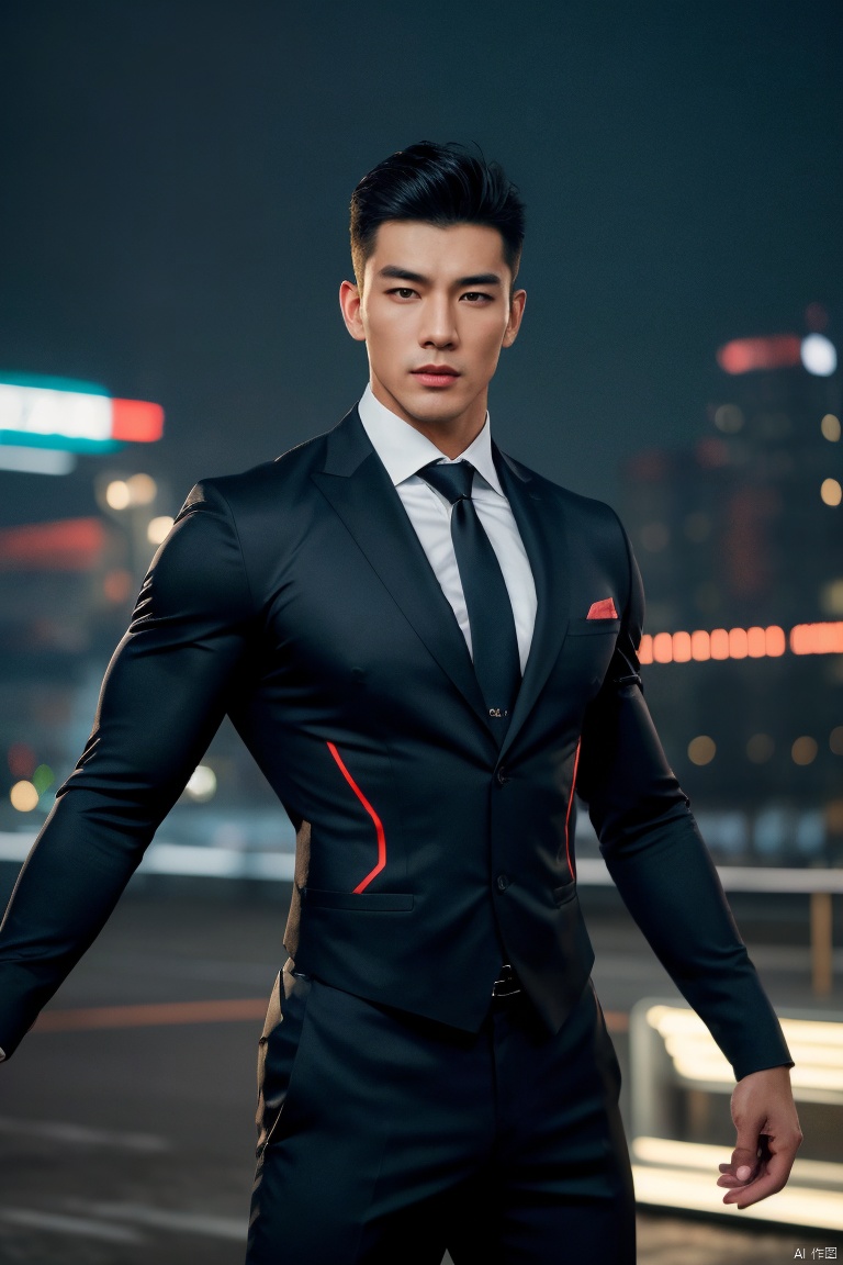 1man,(realistic:1.3),Combat posture,male focus,asian,exquisite facial features,handsome,muscular,tight clothes with a tie bow neckline,fighting,fill body,city,outdoors,neon lights,Dynamic pose, Lichen background, Russian landscape, romantic realism, atmospheric, perfect background, magnificent, surreal, creative, glowing, dynamic,jzns