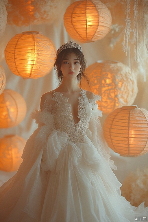 A Bride in a Fairy Tale Setting, Surrounded by Paper Lanterns.,Atmospheric lanterns