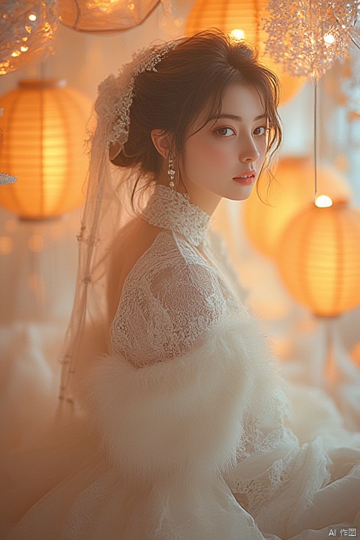 A Bride in a Fairy Tale Setting, Surrounded by Paper Lanterns.,Atmospheric lanterns