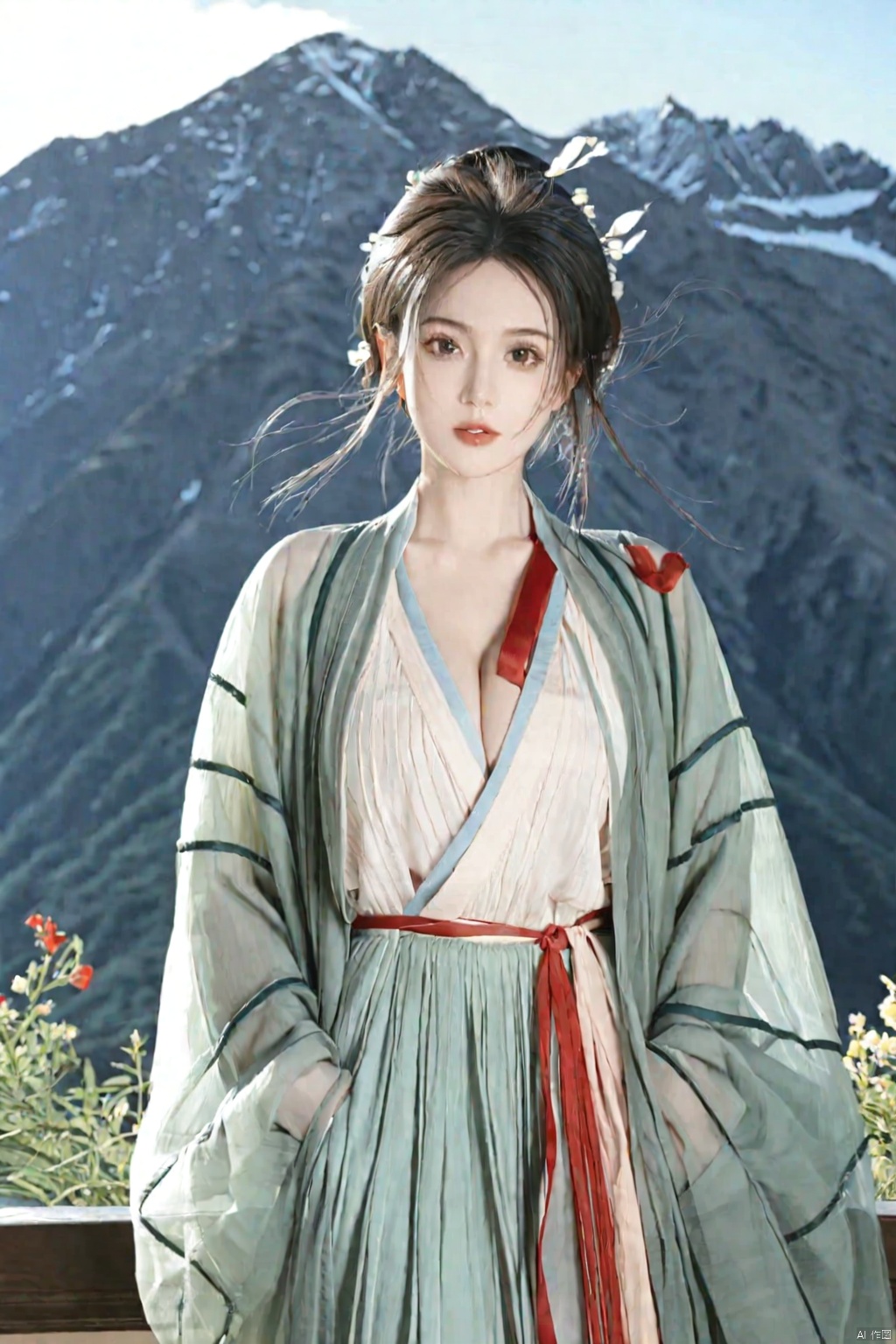  solo,highly detailed,(best quality),((masterpiece)),1girl,black hair,short hair,hanfu,see-through,looking_at_viewer,from below,upper body,mountain,huge_breasts,arms behind back,cleavage,