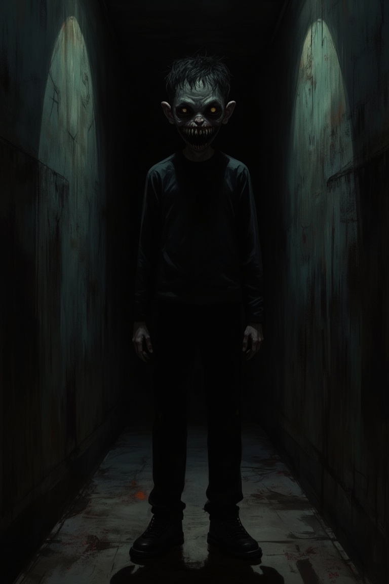 A Junji Ito-style illustration of a creepy boy standing in a dimly lit hallway,  his sharp teeth bared in a sinister grin....