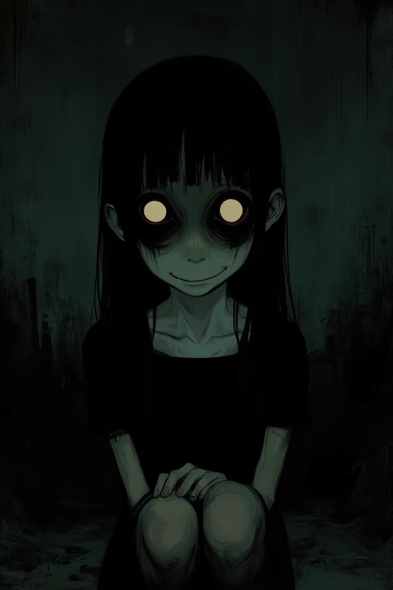 A Junji Ito-inspired illustration of a mysterious smiling girl,  eerie lighting casting long shadows,  her expression unse...