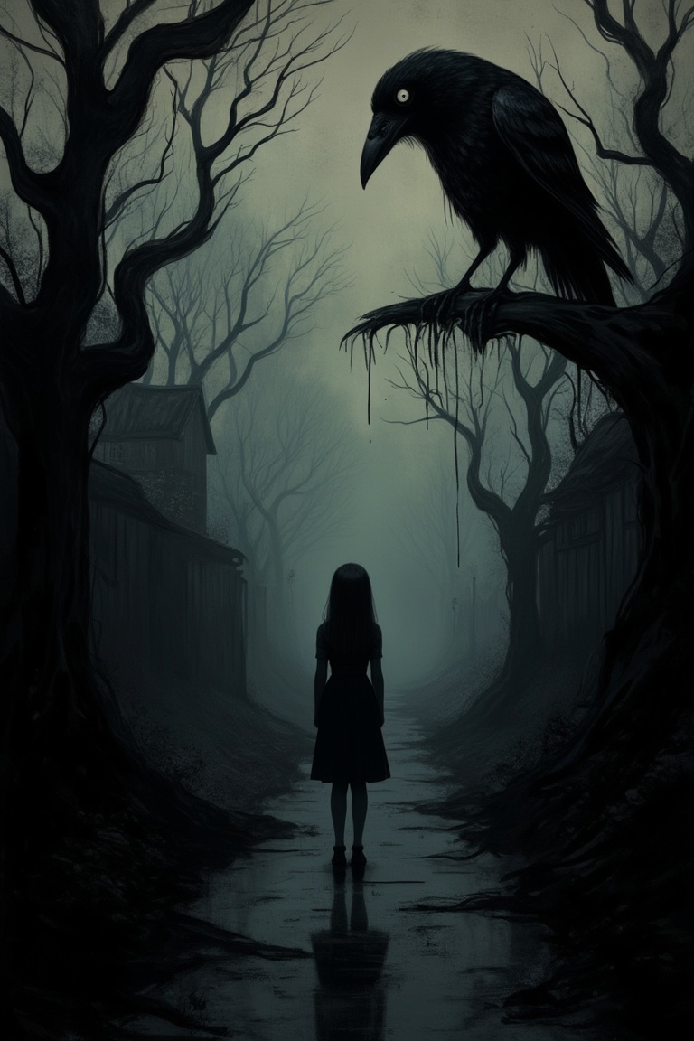A Junji Ito-inspired scene of an eerie raven perched ominously on a tree branch,  watching a girl walking down a shadowy p...