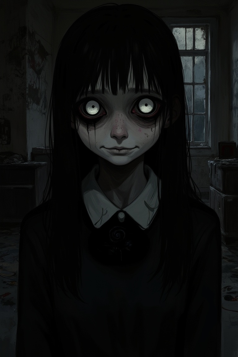 A Junji Ito-inspired illustration of a mysterious smiling girl,  eerie lighting casting long shadows,  her expression unse...
