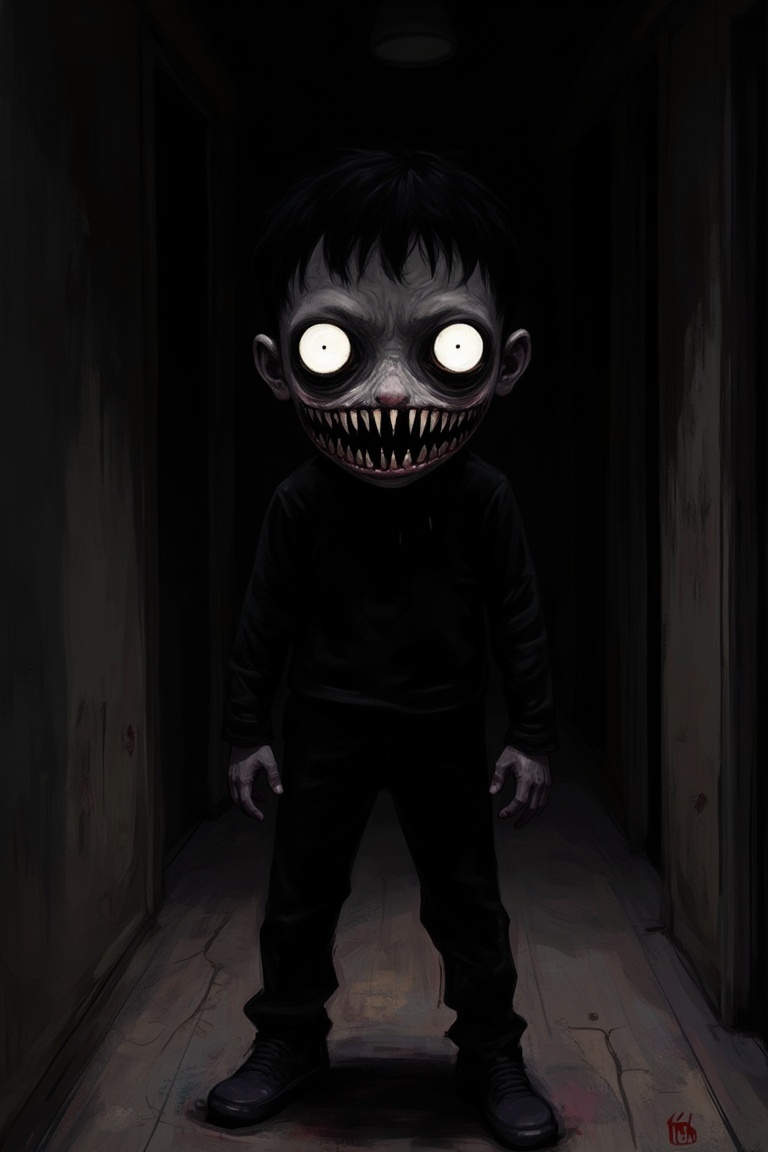 A Junji Ito-style illustration of a creepy boy standing in a dimly lit hallway,  his sharp teeth bared in a sinister grin....