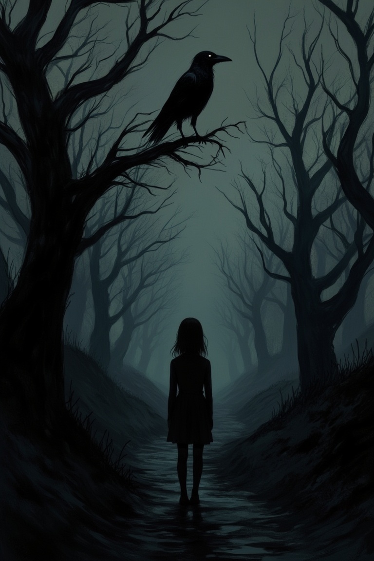A Junji Ito-inspired scene of an eerie raven perched ominously on a tree branch,  watching a girl walking down a shadowy p...