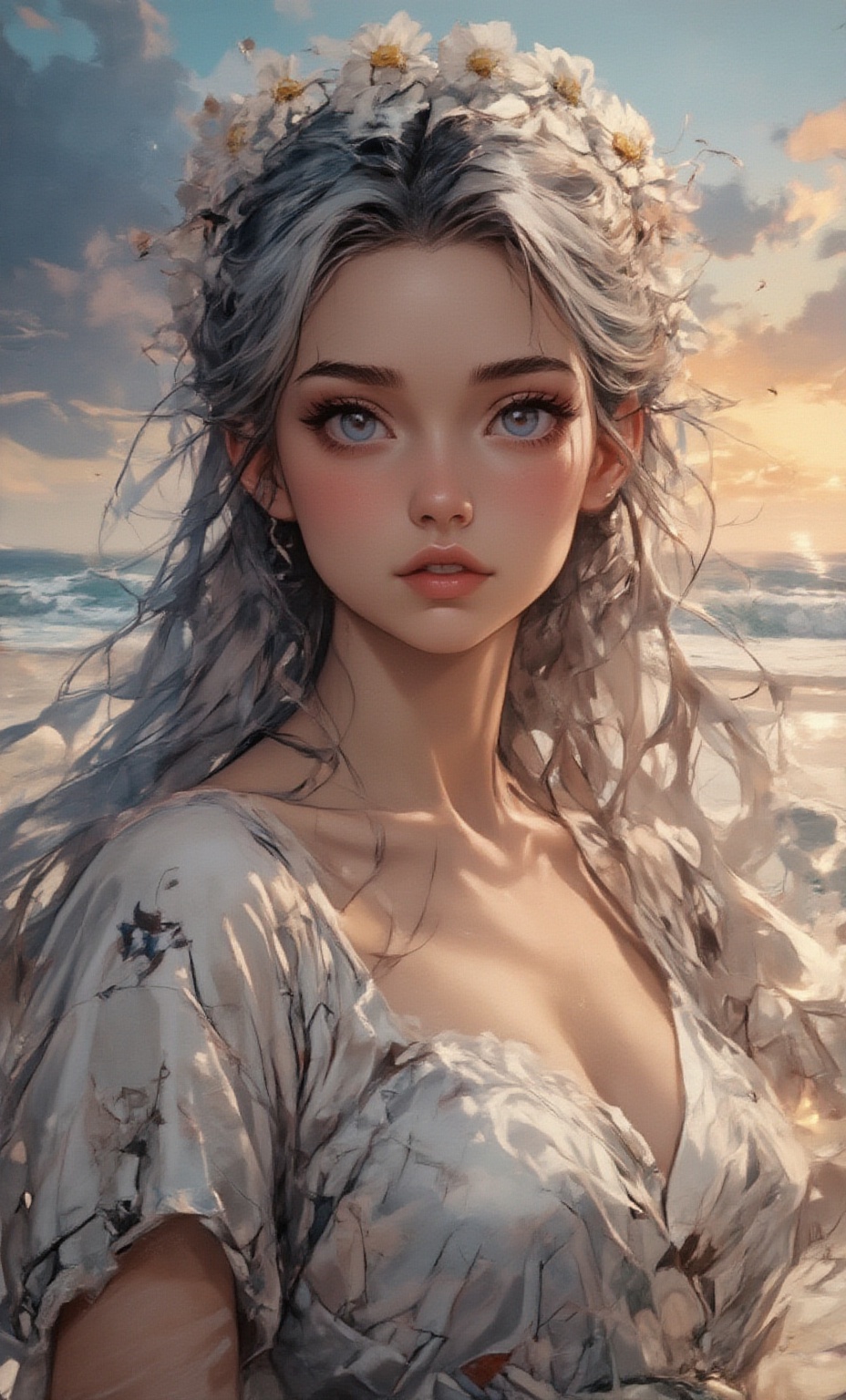 A serene woman with deep blue eyes and long,  flowing hair decorated with a crown of daisies. She is dressed in a simple,...