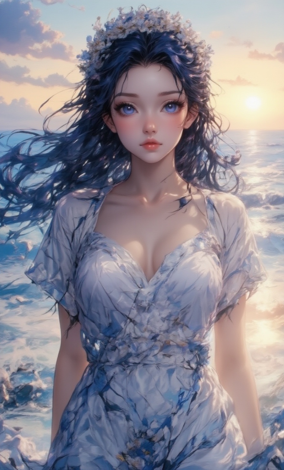 A serene woman with deep blue eyes and long,  flowing hair decorated with a crown of daisies. She is dressed in a simple,...
