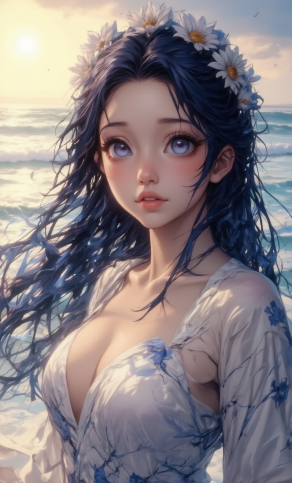 A serene woman with deep blue eyes and long,  flowing hair decorated with a crown of daisies. She is dressed in a simple,...