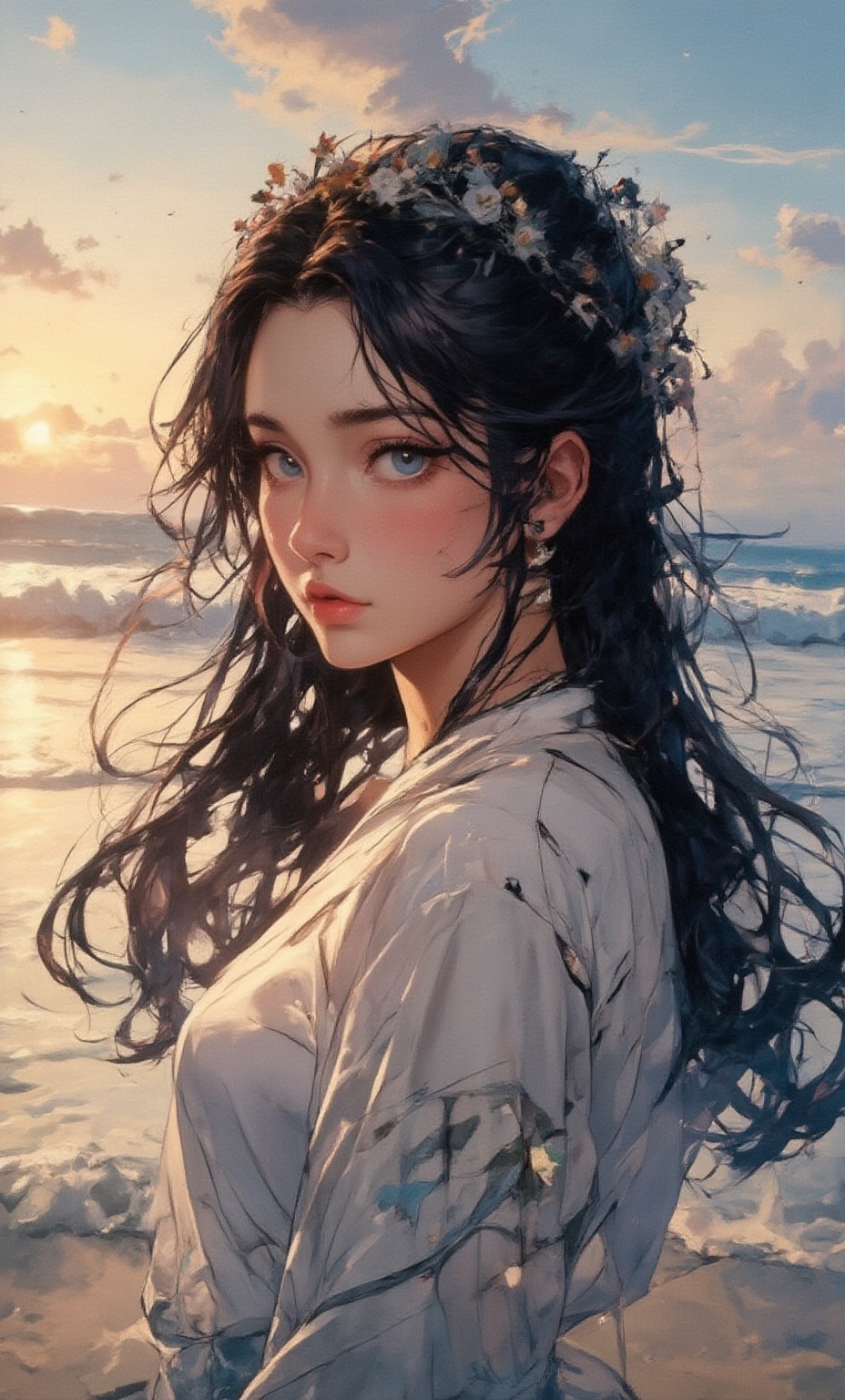 A serene woman with deep blue eyes and long,  flowing hair decorated with a crown of daisies. She is dressed in a simple,...