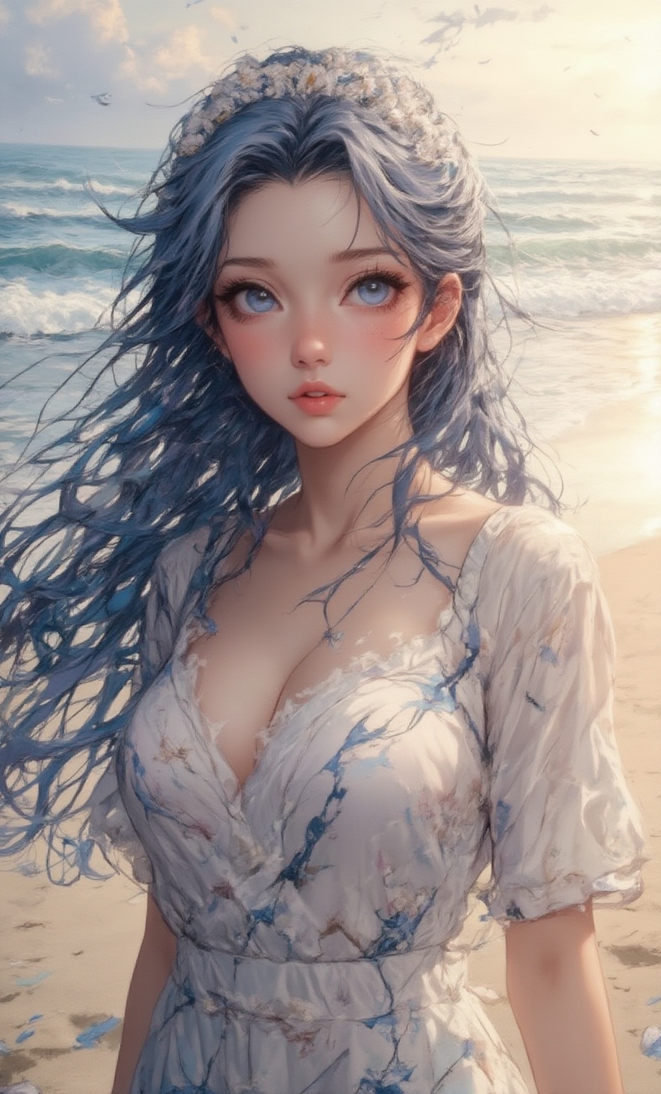 A serene woman with deep blue eyes and long,  flowing hair decorated with a crown of daisies. She is dressed in a simple,...