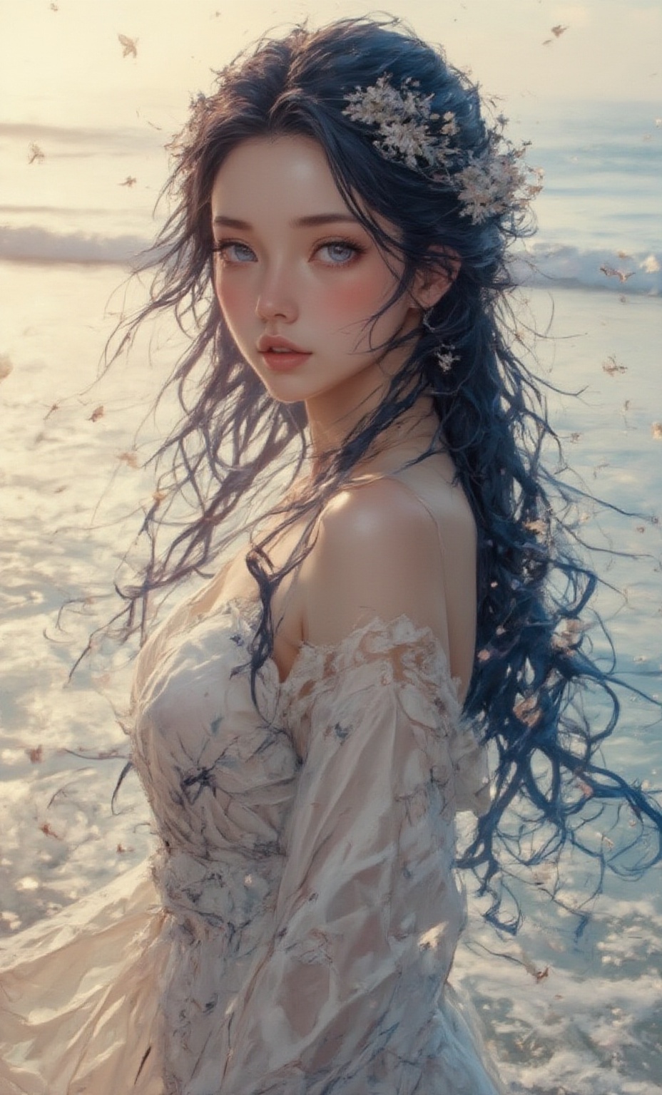 A serene woman with deep blue eyes and long,  flowing hair decorated with a crown of daisies. She is dressed in a simple,...