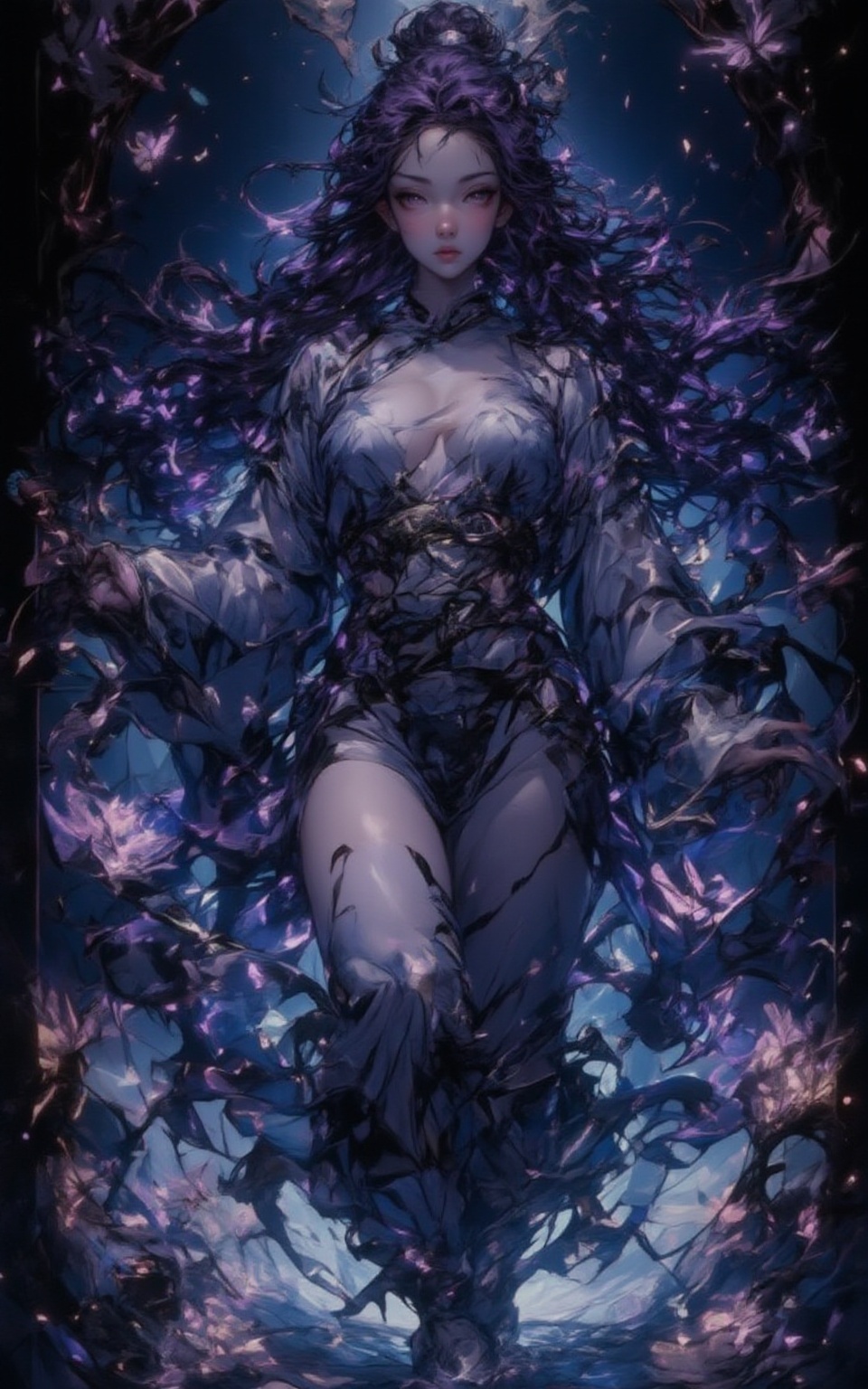 In a dark background featuring abstract shapes,  a young Chinese woman stands on one leg,  exuding confidence and power. H...