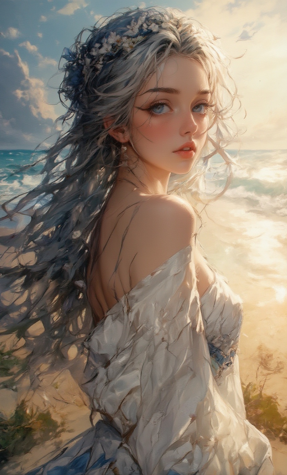 A serene woman with deep blue eyes and long,  flowing hair decorated with a crown of daisies. She is dressed in a simple,...