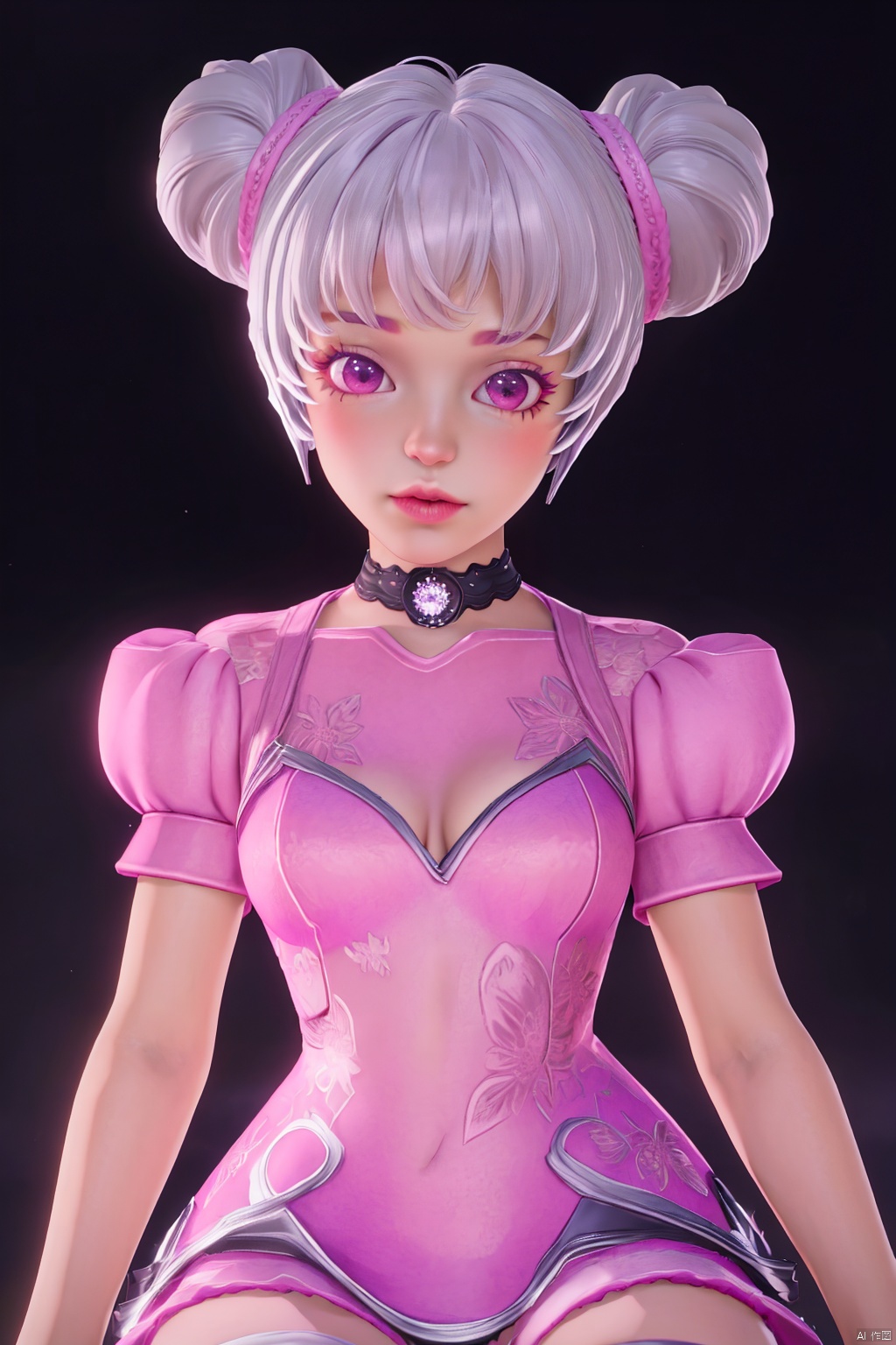 sitting, looking at viewer, 1girl,solo,chibi,loli,short hair,makeup,breasts,thighhighs,twintails,pink eyes,hair bun,(8k, RAW photo, best quality, masterpiece:1.2),(realistic, photorealistic:1.3),ultra-detailed,extremely detailed cg 8k wallpaper,(crystalstexture skin:1.2),extremely delicate and beautiful,