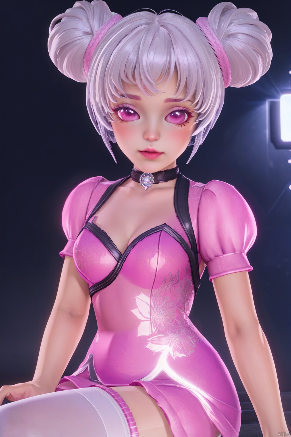 sitting, looking at viewer, 1girl,solo,chibi,loli,short hair,makeup,breasts,thighhighs,twintails,pink eyes,hair bun,(8k, RAW photo, best quality, masterpiece:1.2),(realistic, photorealistic:1.3),ultra-detailed,extremely detailed cg 8k wallpaper,(crystalstexture skin:1.2),extremely delicate and beautiful,(chibi:1.1)