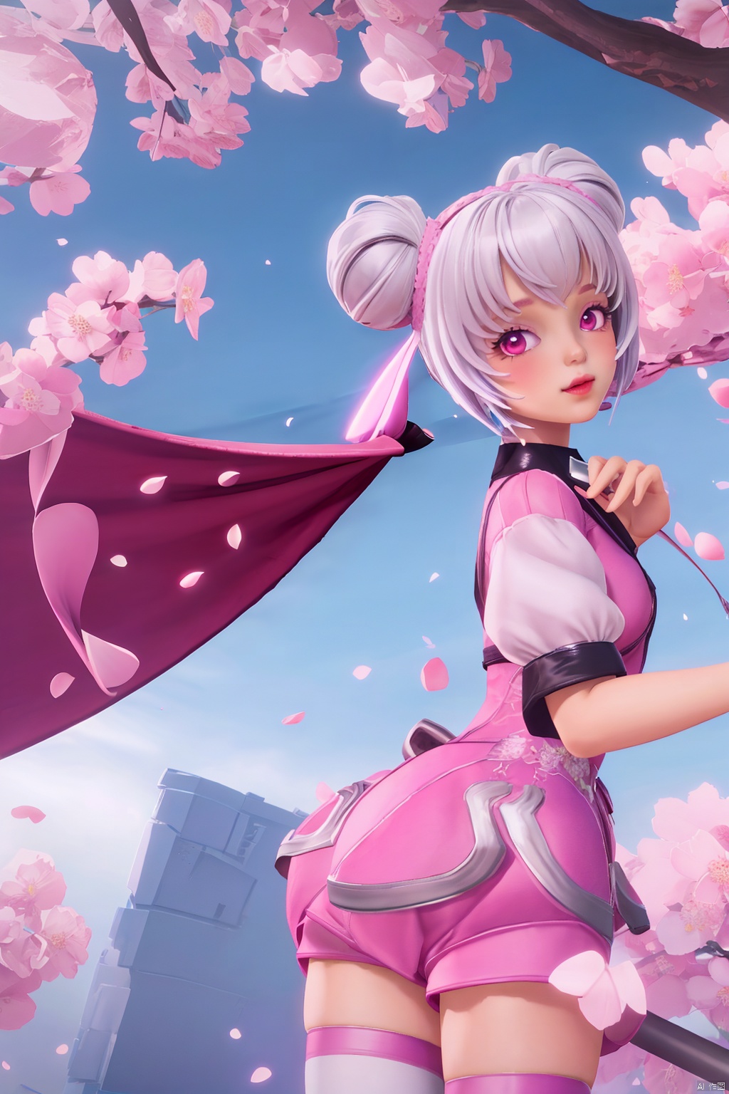 puffy short sleeves,looking at viewer,pink skirt,Blue sky,Cherry Blossoms,petals, looking at viewer, 1girl,solo,chibi,loli,short hair,makeup,breasts,thighhighs,twintails,pink eyes,hair bun,(8k, RAW photo, best quality, masterpiece:1.2),(realistic, photorealistic:1.3),ultra-detailed,extremely detailed cg 8k wallpaper,(chibi:1.3), Thin legs