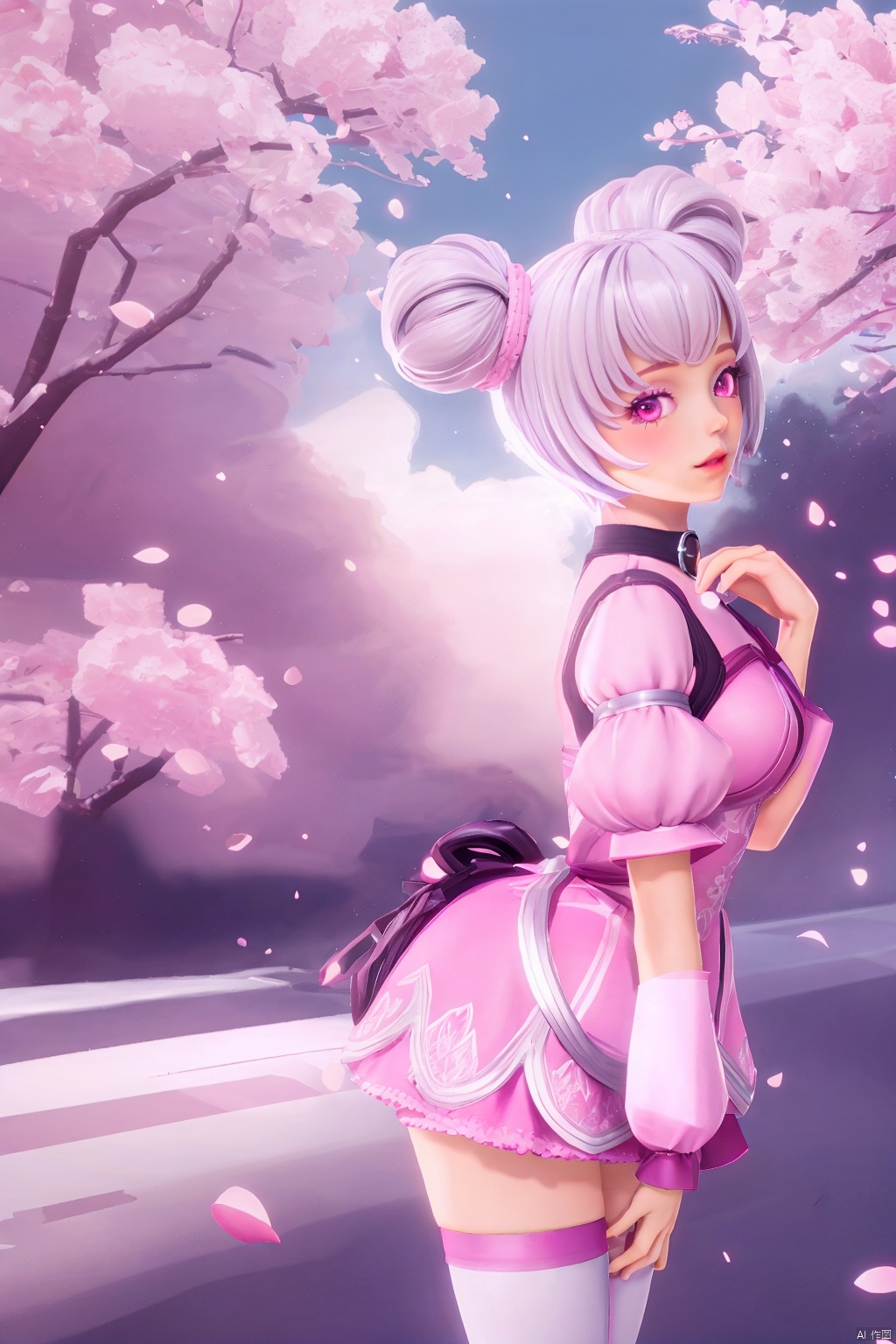 puffy short sleeves,looking at viewer,pink skirt,Blue sky,Cherry Blossoms,petals, looking at viewer, 1girl,solo,chibi,loli,short hair,makeup,breasts,thighhighs,twintails,pink eyes,hair bun,(8k, RAW photo, best quality, masterpiece:1.2),(realistic, photorealistic:1.3),ultra-detailed,extremely detailed cg 8k wallpaper,(chibi:1.3), Thin legs