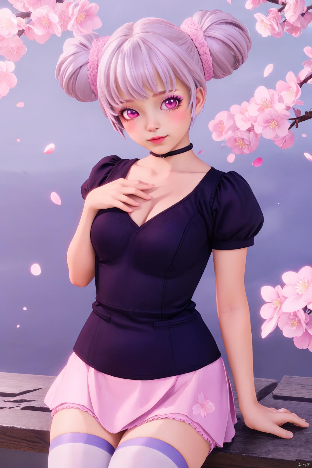 pink skirt,Blue sky,Cherry Blossoms,petals,sitting, looking at viewer, 1girl,solo,chibi,loli,short hair,makeup,breasts,thighhighs,twintails,pink eyes,hair bun,(8k, RAW photo, best quality, masterpiece:1.2),(realistic, photorealistic:1.3),ultra-detailed,extremely detailed cg 8k wallpaper,(chibi:1.3), 