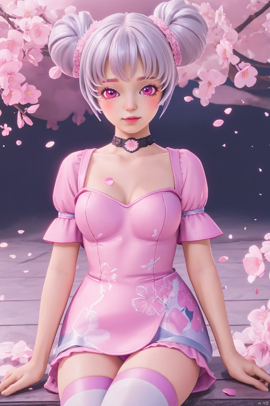 ,Blue sky,Cherry Blossoms,petals,sitting, looking at viewer, 1girl,solo,chibi,loli,short hair,makeup,breasts,thighhighs,twintails,pink eyes,hair bun,(8k, RAW photo, best quality, masterpiece:1.2),(realistic, photorealistic:1.3),ultra-detailed,extremely detailed cg 8k wallpaper,(chibi:1.3), 