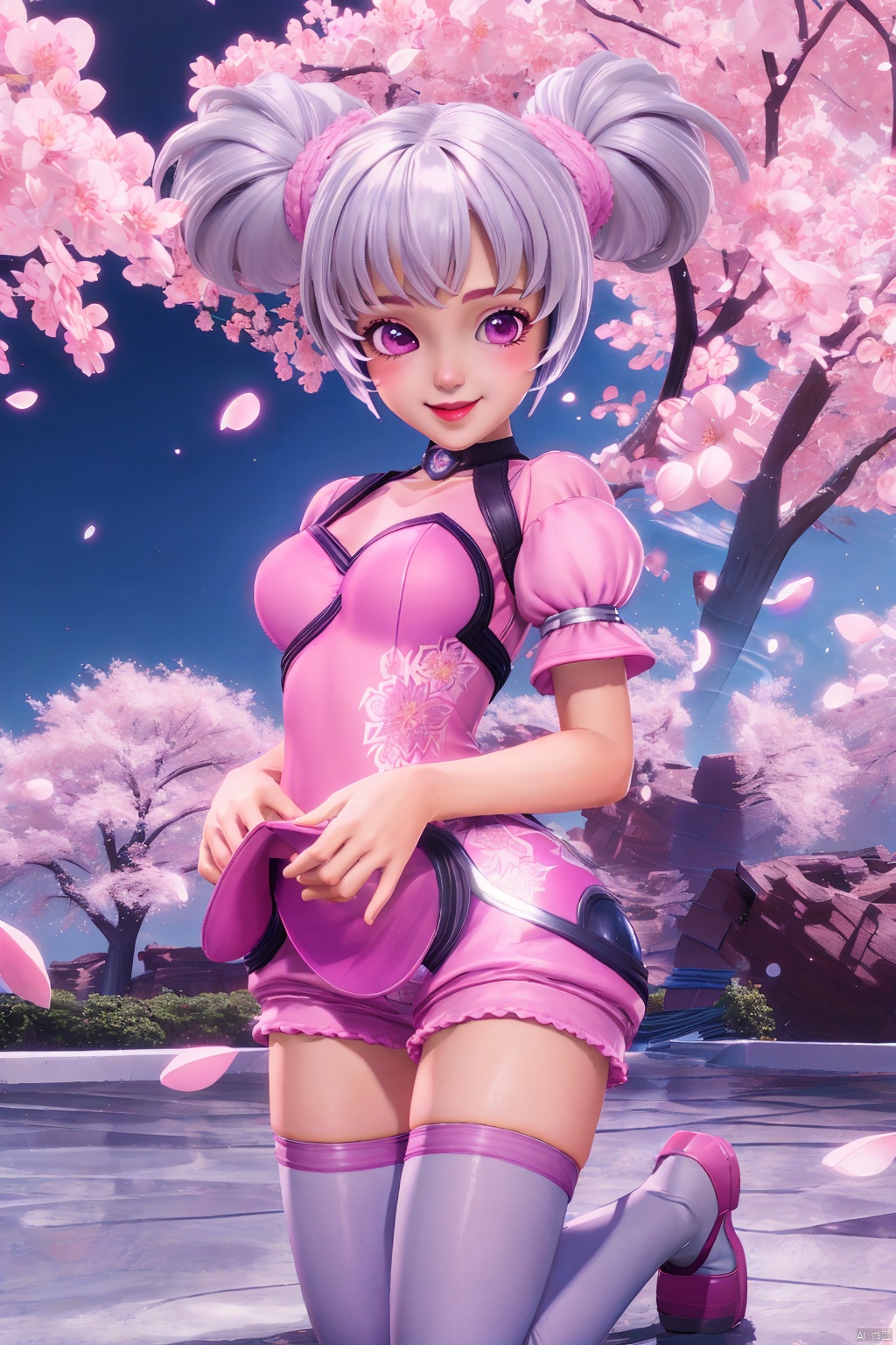 :),kneeling,puffy short sleeves,looking at viewer,pink skirt,Blue sky,Cherry Blossoms,petals, looking at viewer, 1girl,solo,chibi,loli,short hair,makeup,breasts,thighhighs,twintails,hair bun,(8k, RAW photo, best quality, masterpiece:1.2),(realistic, photorealistic:1.3),ultra-detailed,extremely detailed cg 8k wallpaper,(chibi:1.3), Thin legs,Gradient Thigh Socks,
