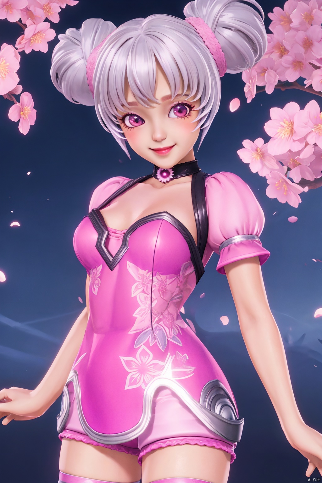 :),wariza,puffy short sleeves,looking at viewer,pink skirt,Blue sky,Cherry Blossoms,petals, looking at viewer, 1girl,solo,chibi,loli,short hair,makeup,breasts,thighhighs,twintails,hair bun,(8k, RAW photo, best quality, masterpiece:1.2),(realistic, photorealistic:1.3),ultra-detailed,extremely detailed cg 8k wallpaper,(chibi:1.3), Thin legs,Gradient Thigh Socks,