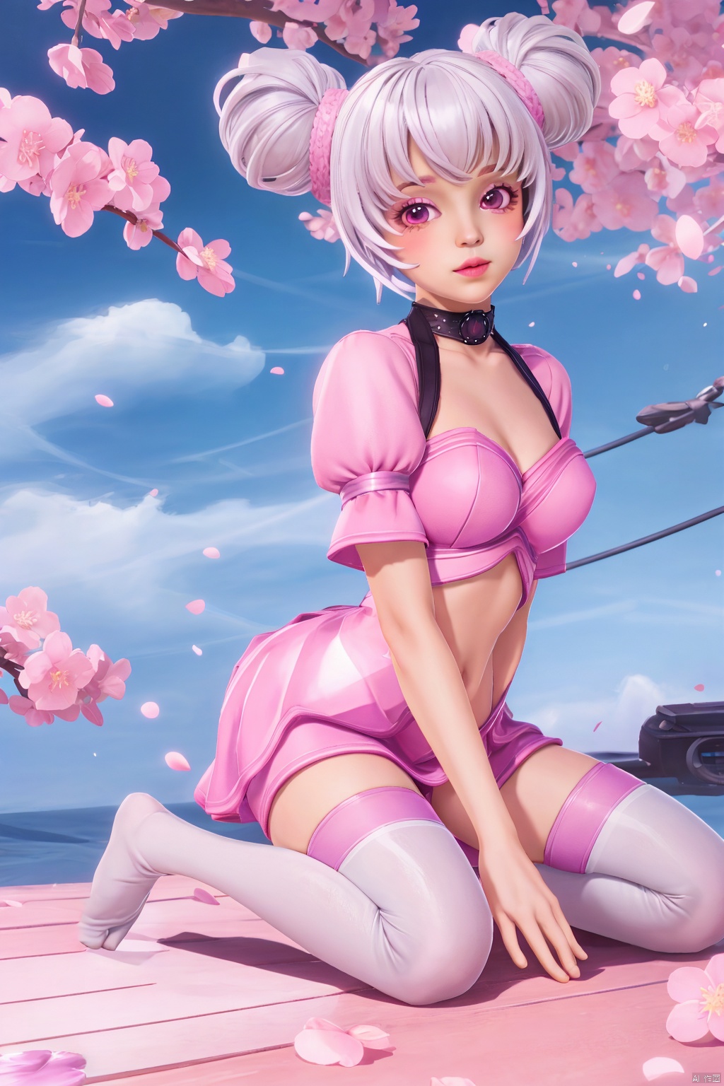 kneeling,puffy short sleeves,looking at viewer,pink skirt,Blue sky,Cherry Blossoms,petals, looking at viewer, 1girl,solo,chibi,loli,short hair,makeup,breasts,thighhighs,twintails,hair bun,(8k, RAW photo, best quality, masterpiece:1.2),(realistic, photorealistic:1.3),ultra-detailed,extremely detailed cg 8k wallpaper,(chibi:1.3), Thin legs,Gradient Thigh Socks