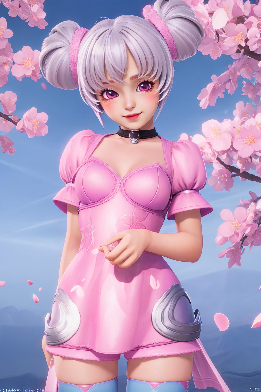 closed mouth,Happiness,wariza,puffy short sleeves,looking at viewer,pink skirt,Blue sky,Cherry Blossoms,petals, looking at viewer, 1girl,solo,chibi,loli,short hair,makeup,breasts,thighhighs,twintails,hair bun,(8k, RAW photo, best quality, masterpiece:1.2),(realistic, photorealistic:1.3),ultra-detailed,extremely detailed cg 8k wallpaper,(chibi:1.3), Thin legs,Gradient Thigh Socks,