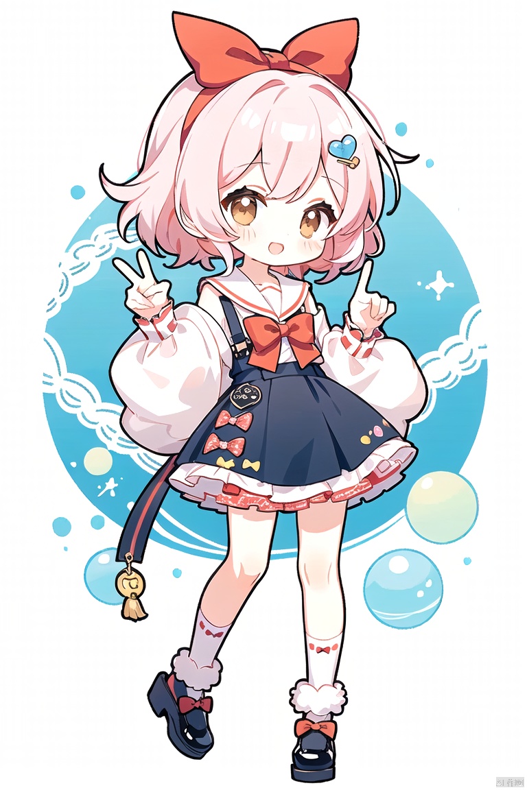 A cute little girl, wearing a red bow on her head, brown eyes, brown short hair, center piece, sailor suit, white short top (red lace), blue bubble shorts (red bow, white lace), slippers (red bow), mischievous expression, full body, solo, cute and playful posture, Q-style full body ratio, manga hand drawn style, kawaii char style,chibi proportions, maplestory, character art of maple story, chibi girl, anime chibi, chibi anime girl, maple story, soda themed girl, decora inspired, advanced digital chibi art, mascot illustration, kawaii chibi, toy design, cute toy, splash art anime loli, candypunk character design, pink girl, full body mascot, small loli girl, 