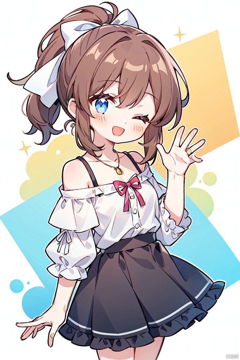  1girl, solo, loli, chibi, one_eye_closed, blue_eyes, smile, ;d, ponytail, brown_hair, jewelry, open_mouth, hair_ribbon, ribbon, shirt, necklace, skirt, sidelocks, off-shoulder_shirt, short_sleeves, bangs, white_shirt, striped_ribbon, white_ribbon, looking_at_viewer, collarbone, frills, frilled_shirt, off_shoulder, yellow_skirt, pendant, hand_up, waving, (\shen ming shao nv\)