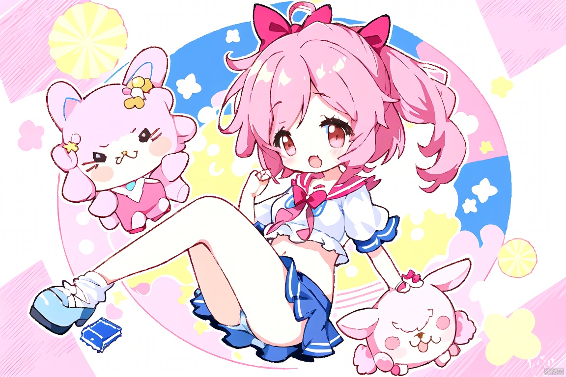 best quality,masterpiece,
A cute little girl,wearing a red bow on her head,brown eyes,brown short hair,center piece,sailor suit,white short top (red lace),blue bubble shorts (red bow, white lace),slippers (red bow),mischievous expression,full body,solo,cute and playful posture,Q-style full body ratio,manga hand drawn style,kawaii char style,chibi proportions,maplestory,character art of maple story,chibi girl,anime chibi,chibi anime girl,maple story,soda themed girl,decora inspired,advanced digital chibi art,mascot illustration,kawaii chibi,toy design,cute toy,splash art anime loli,candypunk character design,pink girl,full body mascot,small loli girl,