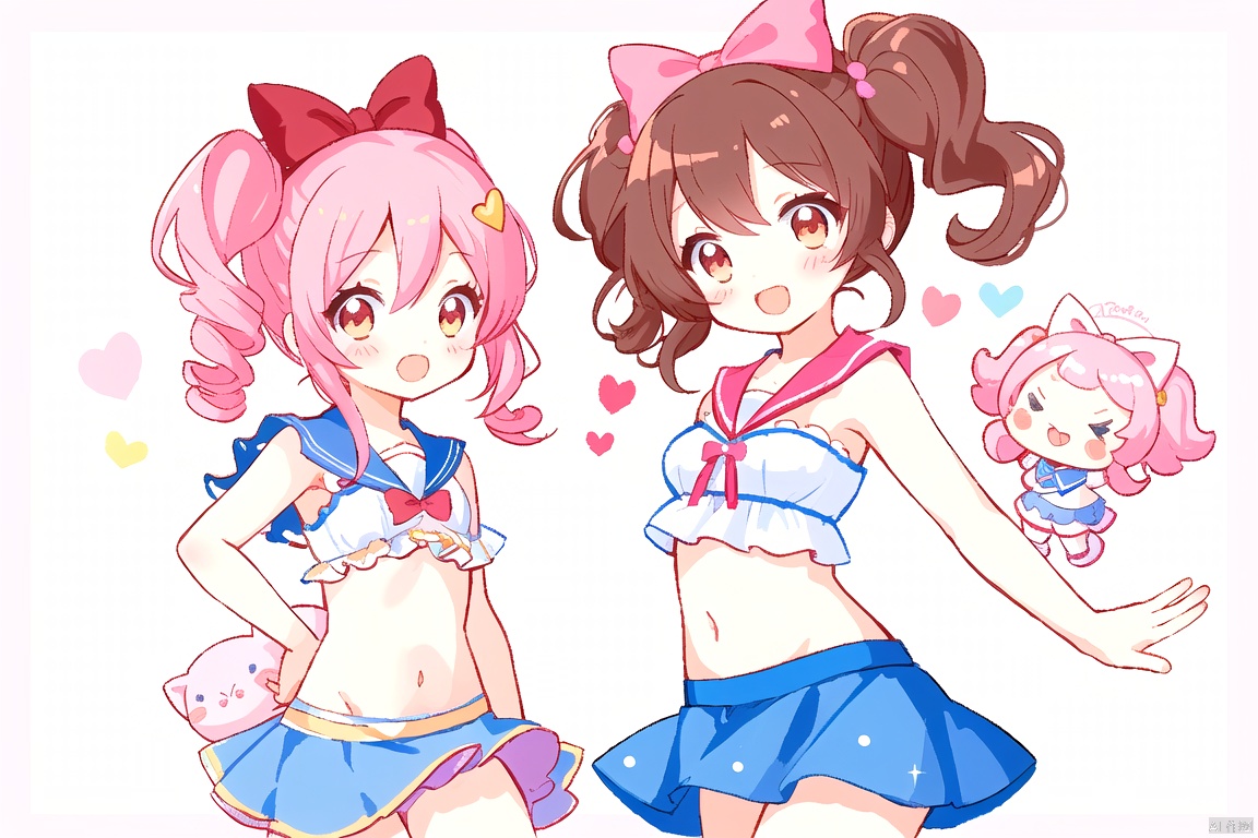 best quality,masterpiece,
A cute little girl,wearing a red bow on her head,brown eyes,brown short hair,center piece,sailor suit,white short top (red lace),blue bubble shorts (red bow, white lace),slippers (red bow),mischievous expression,full body,solo,cute and playful posture,Q-style full body ratio,manga hand drawn style,kawaii char style,chibi proportions,maplestory,character art of maple story,chibi girl,anime chibi,chibi anime girl,maple story,soda themed girl,decora inspired,advanced digital chibi art,mascot illustration,kawaii chibi,toy design,cute toy,splash art anime loli,candypunk character design,pink girl,full body mascot,small loli girl,