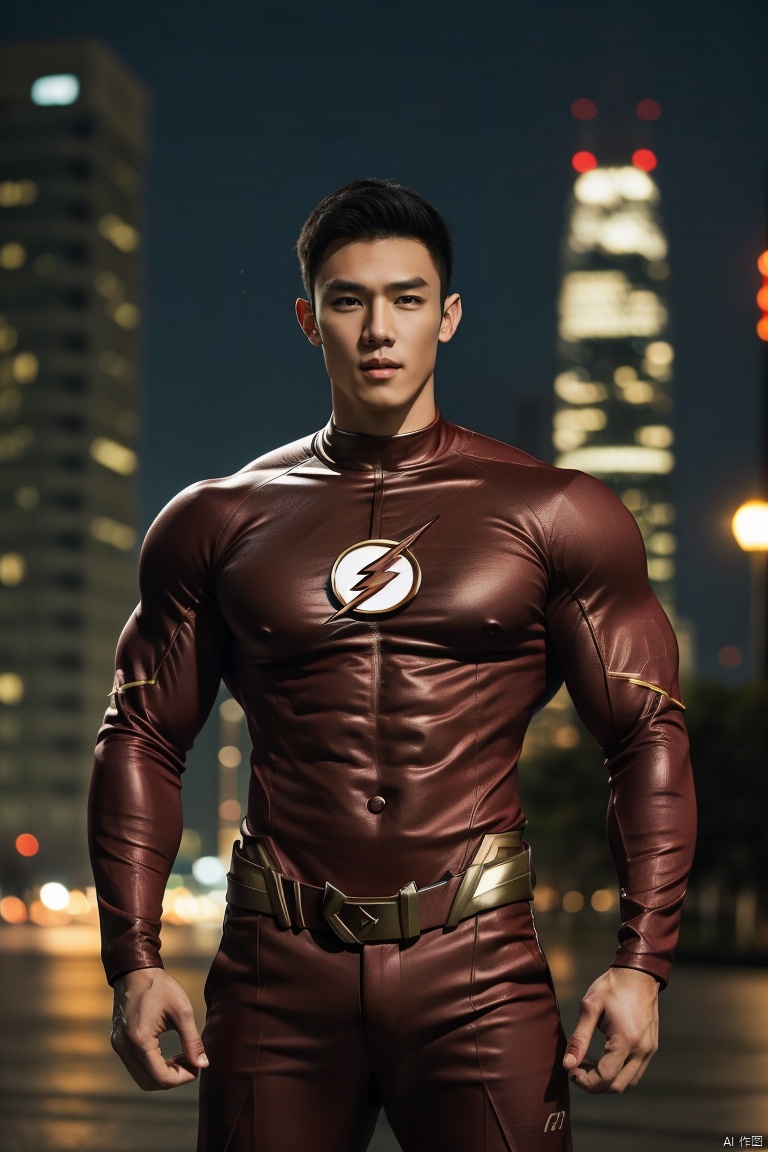 jzns,1man,The Flash,male focus,asian,exquisite facial features,handsome,muscular, The Flash tight clothes,Dynamic pose, romantic realism, atmospheric,city,night,perfect background, magnificent,masterpiece, realistic, best quality, highly detailed,profession