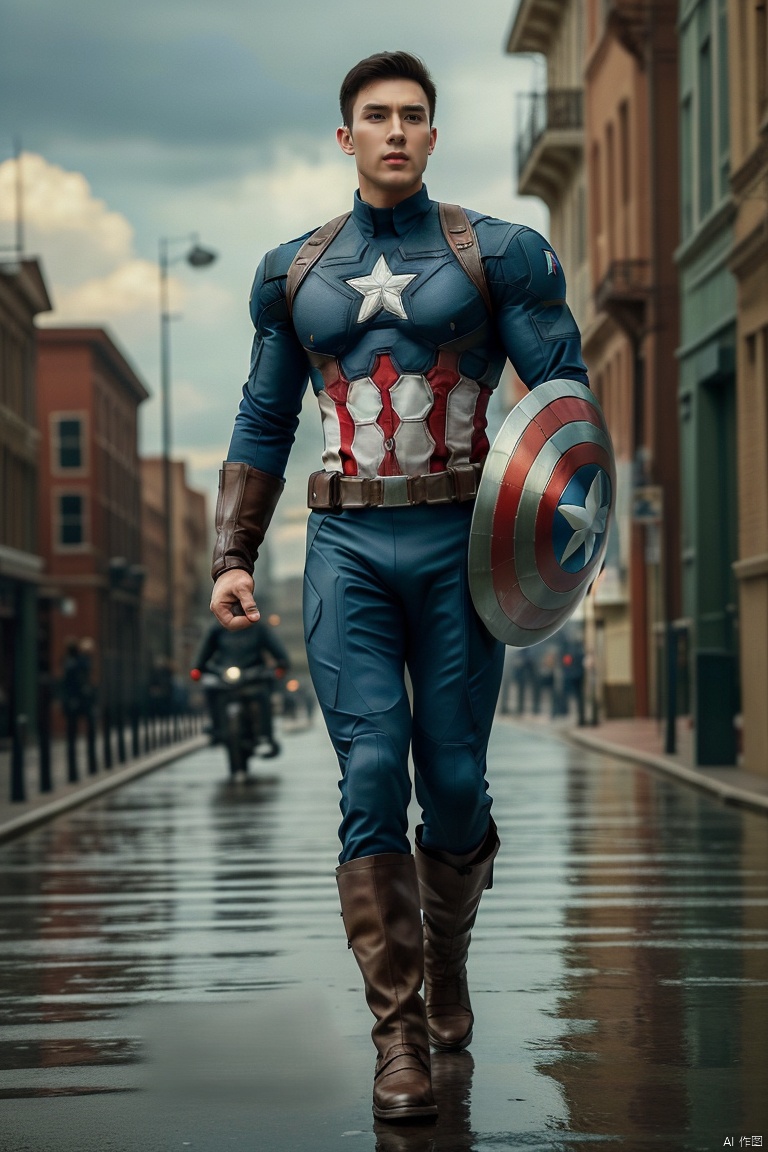 jzns,1man,Captain America,male focus,asian,exquisite facial features,handsome,muscular, Captain America clothes,Dynamic pose, romantic realism,city,atmospheric, full body,perfect background, magnificent,masterpiece, realistic, best quality, highly detailed,profession