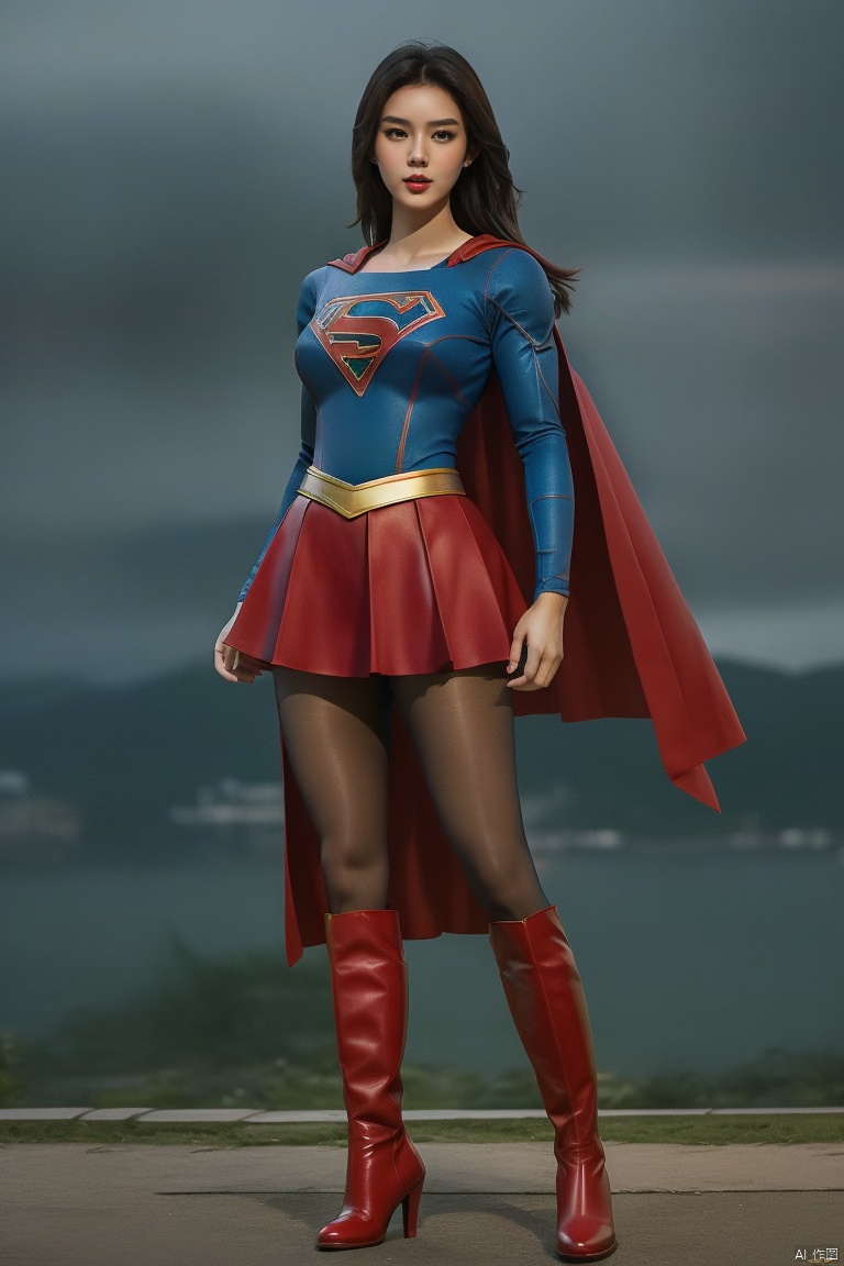 plns,1girl,supergirl,asian,exquisite facial features,pretty,slim,supergirl clothes,pantyhose,red boots,Dynamic pose, full body,romantic realism,night,dimly,atmospheric,perfect background, magnificent,masterpiece, realistic, best quality, highly detailed,profession