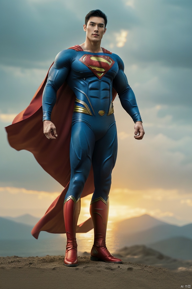 jzns,1man,superman,male focus,asian,exquisite facial features,handsome,muscular,superman  clothes,Dynamic pose, romantic realism, atmospheric, perfect background, magnificent,masterpiece, realistic, best quality, highly detailed,profession