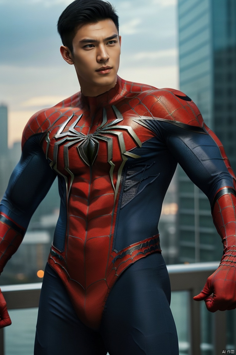 jzns,1man,spiderman,male focus,asian,exquisite facial features,handsome,muscular,spiderman  clothes,Dynamic pose, romantic realism, atmospheric, perfect city background, magnificent,masterpiece, realistic, best quality, highly detailed,profession